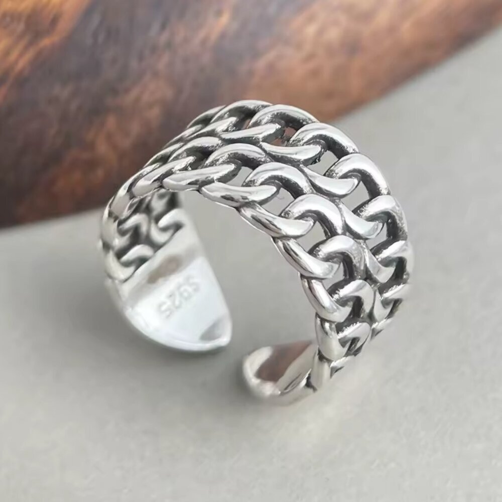 925 Silver Double Curb Link Adjustable Ring #1547